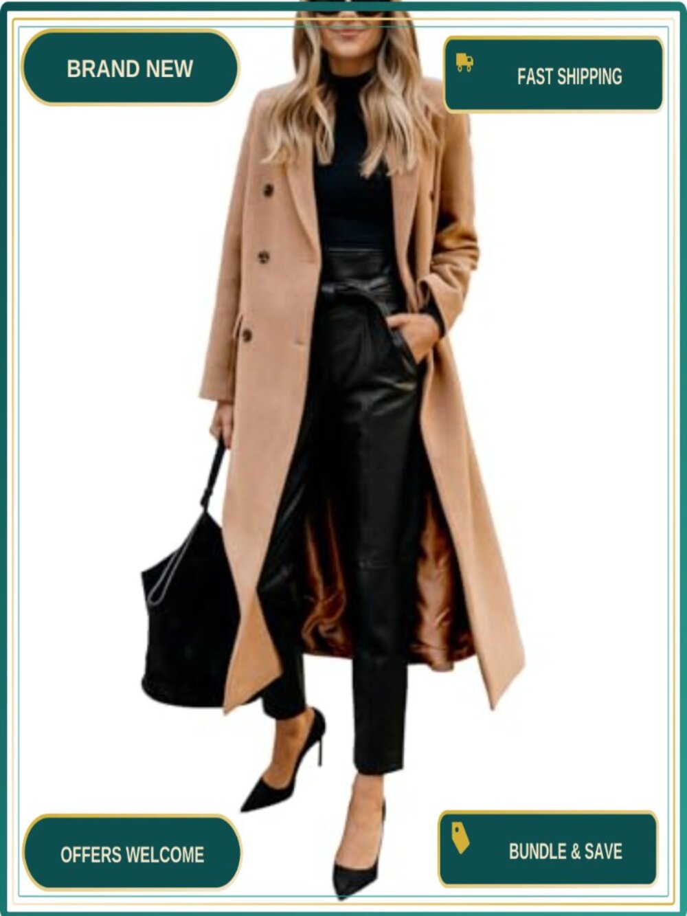 Long Wool Peacoat Notch Lapel Double Breasted Winter Coat